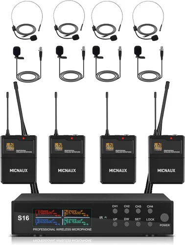 Sistema de micrófono inalámbrico de solapa con auriculares y micrófonos Lavalier, juego de micrófonos UHF Pro de 4 canales con transmisor de paquete