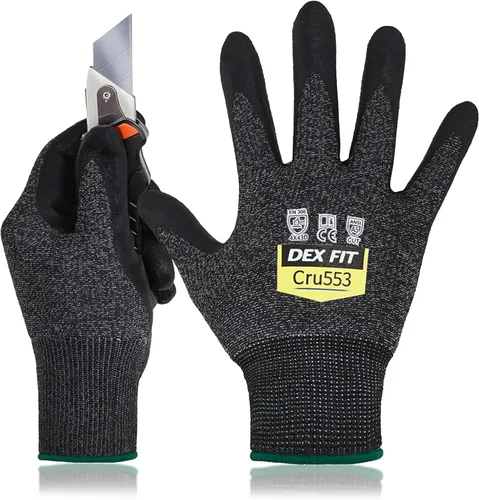 DEX FIT Guantes resistentes a cortes nivel 5 Cru553, ajuste elástico cómodo 3D, agarre de potencia, grado profesional, delgados, compatibles con