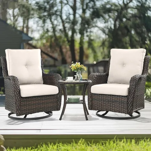 Miniatura 126 de HUMMUH Sillas Mecedoras Giratorias de Mimbre para Patio Exterior con Respaldo Alto, Sillas Deslizantes de Ratán PE, Juego de Muebles de Patio de 4