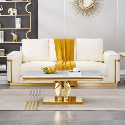 Miniatura 27 de SSLine Mesa de Centro Rectangular de Mármol Sintético para Sala de Estar, Mesa Central Moderna de Mármol Blanco de Lujo con Base Doble en Forma de U