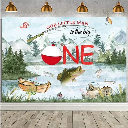 Miniatura 2 de Fondo de fotografía de Our Little Man is The Big One Wild Gone Fishing Background Boy First One Birthday Party Decor Baby Shower Fisherman Party