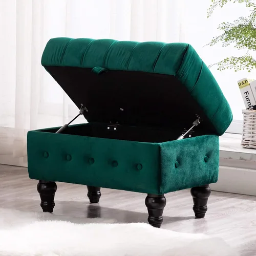 Miniatura 13 de Mesa de Centro Otomana de Almacenamiento Rectangular, Reposapiés Otomana de Dormitorio con Tapicería de Terciopelo Abotonado Capitoné para Sala