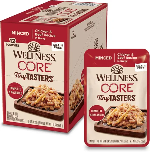 Miniatura 18 de Wellness CORE Tiny Tasters - Alimento húmedo para gatos adultos, natural, rico en proteínas, sin granos, receta de atún y salmón, 1.75 onzas