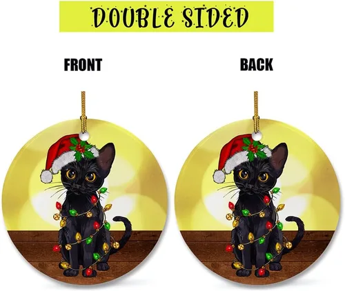 Miniatura 3 de Bonito adorno de cerámica de gato negro, divertidas decoraciones de Navidad para árbol, adorno colgante de Navidad para amantes de los gatos