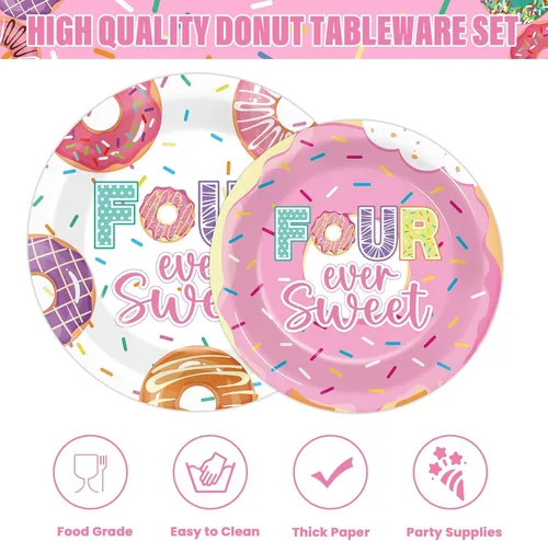 Miniatura 3 de 96 piezas de decoración de fiesta de cumpleaños de dona para el cuarto cumpleaños para 24 invitados Cuatro dulces platos de papel de dona