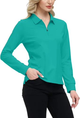 Miniatura 61 de JINSHI Polo de golf para mujer, de manga larga, con cremallera, deportiva, de secado rápido, atlética, casual, ajustada