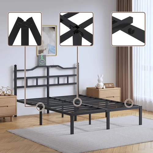 Miniatura 5 de SHOANED Marco de cama de 14 pulgadas de metal - Base de cama de tamaño matrimonial de alta resistencia con estación de carga y cabecera, listones