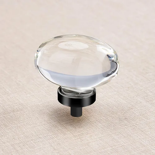 Paquete de 4 pomos y tiradores de cristal para gabinetes, pomos ovalados de cristal para cajones de tocador, pomos de gabinete de cocina negro mate