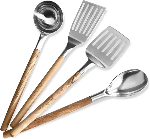 Miniatura 7 de Salt & York Juego de utensilios de cocina, herramientas de cocina de acero inoxidable con asas de madera de olivo hechas a mano, 2 espátulas