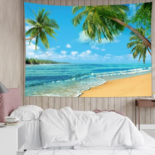 Miniatura 5 de HVEST Tapiz de playa para colgar en la pared, paisaje tropical azul océano, tapiz natural para dormitorio, palmera verde con cielo azul, nube