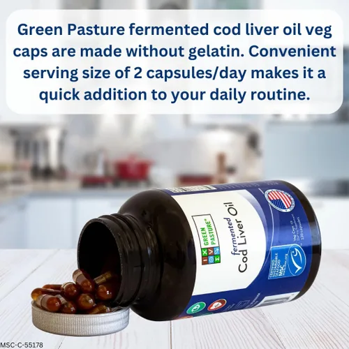 Miniatura 2 de Green Pasture Cápsulas de aceite de hígado de bacalao fermentado, bacalao de Alaska salvaje, vitaminas A y D, omega-3, sin gelatina, 120