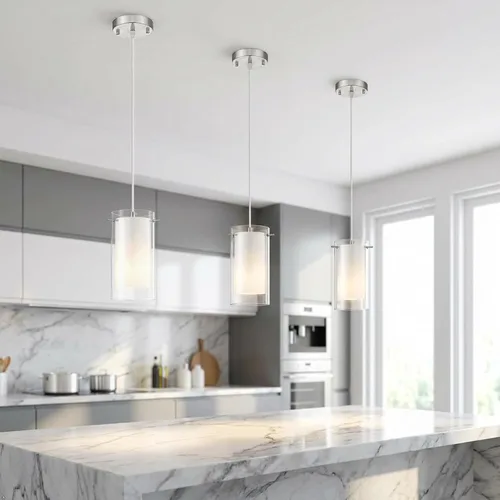 Miniatura 4 de AKEZON Lámpara Colgante de 3 Luces, Lámpara Colgante de Vidrio para Interior, Altura Ajustable, Acabado de Níquel Cepillado para Cocina y Comedor