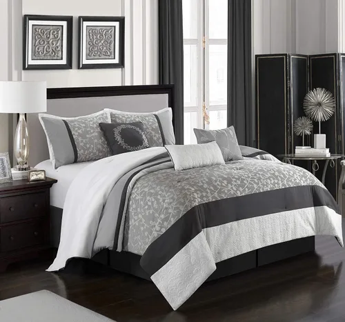Miniatura 9 de Stratford Park Fantástico juego de edredón floral de 12 piezas, tamaño King, diseño moderno, gris/amarillo, falda de cama a juego, almohadas y Gris-1