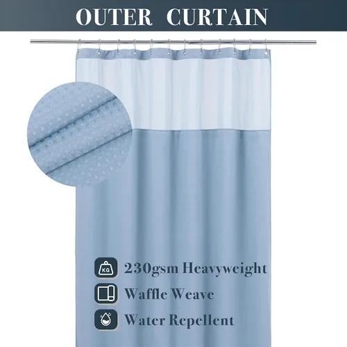 Miniatura 2 de N&Y HOME - Cortina de ducha de punto gofre con forro de tela a presión y juego de ganchos, estilo hotel, impermeable y lavable, de tela pesada