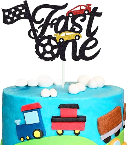 Miniatura 3 de Fast One - Decoración para pastel de primer cumpleaños, decoración de pastel de carreras con purpurina y temática de bandera a cuadros, suministros
