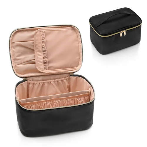 Miniatura 8 de OCHEAL Bolsa de maquillaje, bolsa de cosméticos portátil, organizador de maquillaje de viaje de gran capacidad, color negro para mujeres, bolsa