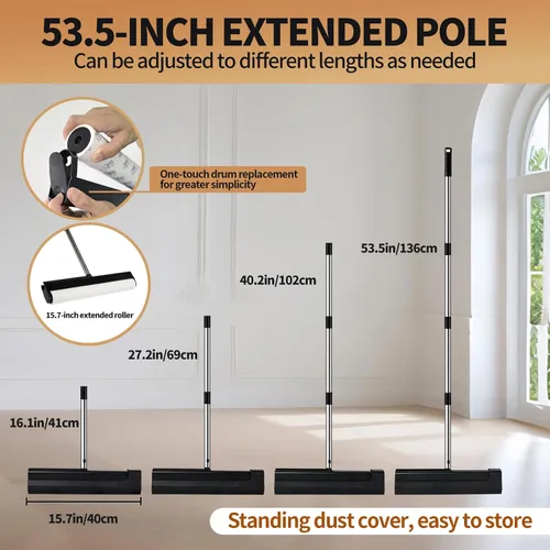 Miniatura 3 de Rodillos grandes de pelusa para alfombras, rodillos extra adhesivos de 15.74 pulgadas para suelo con 4 asas extensibles, trapeador adhesivo de mango