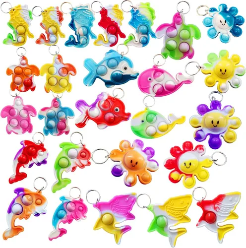 Paquete de 26 llaveros de animales marinos azules, pulpo, peces, delfines, tortugas, tiburones, ballenas, mini llavero Pop para fiestas de