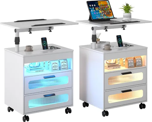 Miniatura 18 de WOOVIVS - Mesita de noche con estación de carga, mesa auxiliar con luces LED, mesa auxiliar inteligente con mesa giratoria ajustable/cajón