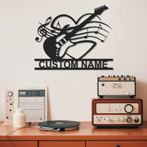 Miniatura 14 de Letrero de metal personalizado de guitarra, letreros de metal personalizados, decoración de pared de notas musicales, arte de pared divertido