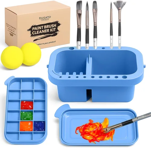 DUGATO Limpiador de pinceles, lavadora, soporte y paleta 3 en 1, lavabo para artistas con tapa y esponjas para acrílico, acuarela, pintura al óleo,