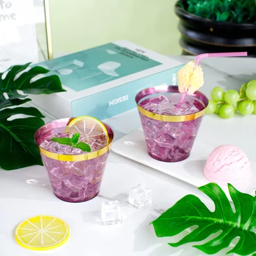Miniatura 7 de LUODA 150 vasos de plástico púrpura, vasos desechables púrpura de 9 onzas con borde dorado, vasos de plástico con borde dorado estilo antiguo