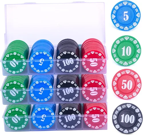 Juego de fichas de póquer de plástico con caja de almacenamiento, denominación impresa estilo casino chip para noches de juego en casa de Texas, 300