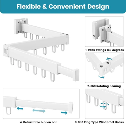 Miniatura 3 de Abiglifty Tendedero para ropa montado en la pared, plegable, retráctil y plegable con 18 ganchos para uso en interiores y exteriores en lavandería