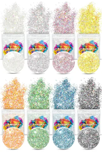 MARBLERS Purpurina holográfica [juego de 8 colores mixtos] 4 onzas (3.95 oz) | Gruesa | No tóxica, vegana, libre de crueldad | Cara, cuerpo, sombra