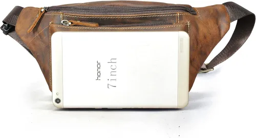 Miniatura 4 de Handadsume Riñonera de lona resistente al agua + cuero para senderismo, viajes, riñonera pequeña para hombres y mujeres FB811-29, W-8138-Marrón