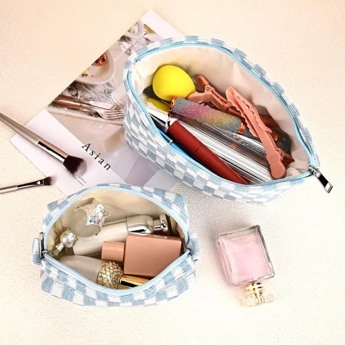 Miniatura 4 de SOIDRAM 2 Piezas Bolsa de Maquillaje Grande, Bolsa de Cosméticos a Cuadros de Gran Capacidad, Bolsa de Lona Mixta para Viaje, Bolsa Organizadora