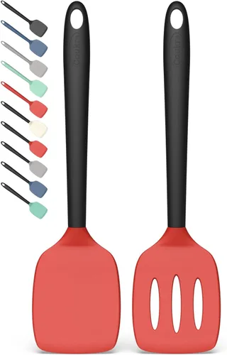 Miniatura 9 de Coukre Juego de 2 espátulas de silicona, resistentes a altas temperaturas, libres de BPA, espátulas de cocina, volteadoras sólidas y ranuradas