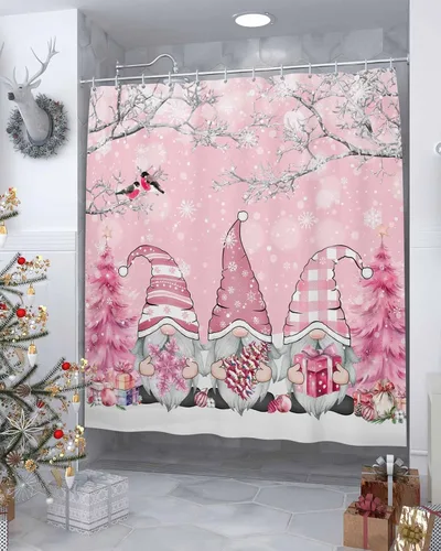 Miniatura 3 de Cortina de ducha de Navidad de fantasía, gnomos rosados, copos de nieve, ramas de árbol, impermeable, lavable, bohemio, divertido, lindo, juego