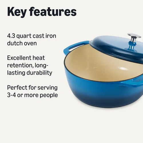Miniatura 2 de Amazon Basics Olla de horno holandés de hierro fundido con tapa, esmaltada, redonda, doble asa, resistente, pequeña, 4.3 cuartos de galón, azul