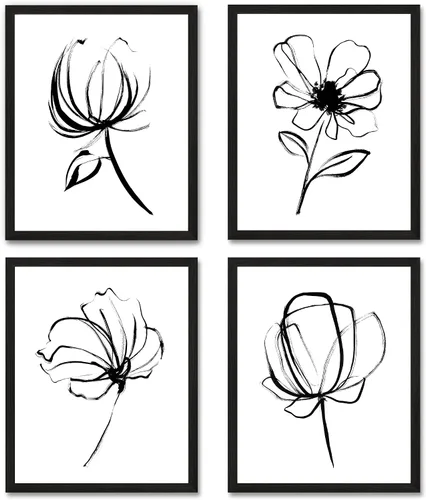 Arte de pared de flores blancas y negras sin marco, 8 x 10 pulgadas, póster floral de dibujo simple para dormitorio, decoración de oficina en casa,