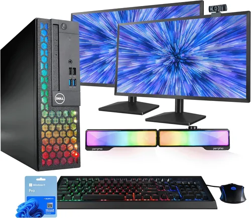 Dell Optiplex PC de computadora con iluminación RGB | Windows 11 Pro | Intel Core i5-9500 | 16 GB RAM 500 GB SSD | Nuevos LCD duales de 24 pulgadas