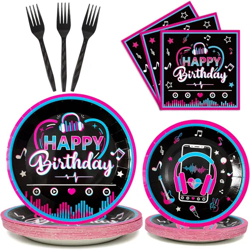 96 piezas de suministros para fiesta musical con vajilla para niñas, juego de decoración temática musical para fiesta de cumpleaños, platos,