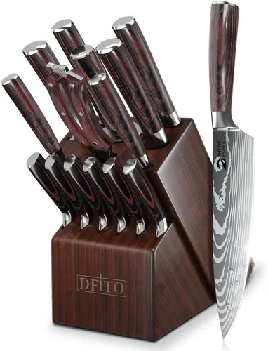 Miniatura 10 de Dfito Juego de cuchillos de cocina, 3 piezas de acero inoxidable de alto carbono con mango de madera de Pakkawood roja, juegos de cuchillos de chef
