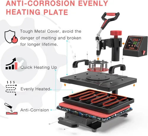 Miniatura 4 de OIIEE Máquina de prensa de calor 5 en 1 combinada prensa de calor de 12 x 15 pulgadas, máquina de transferencia de calor de 360 grados, impresión