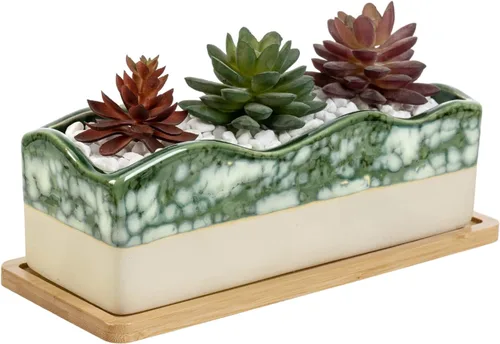 Miniatura 5 de MyGift Maceta rectangular para suculentas - Maceta decorativa de cerámica beige y verde glaseada con bandeja de bambú extraíble