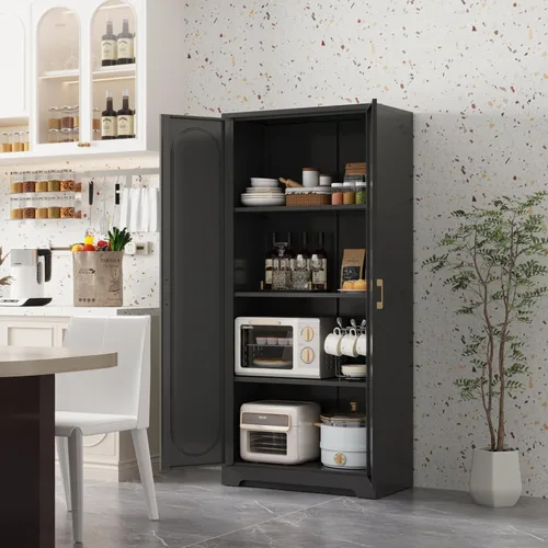 Miniatura 2 de Armario de almacenamiento de metal negro con puerta, armario de despensa de cocina con 3 estantes ajustables, armarios de almacenamiento de 60