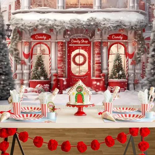 Miniatura 4 de Telón de fondo rojo de 5 x 3 pies para fotos de tienda de Navidad, pancarta de casa de jengibre de Navidad, fondo de Papá Noel, decoración