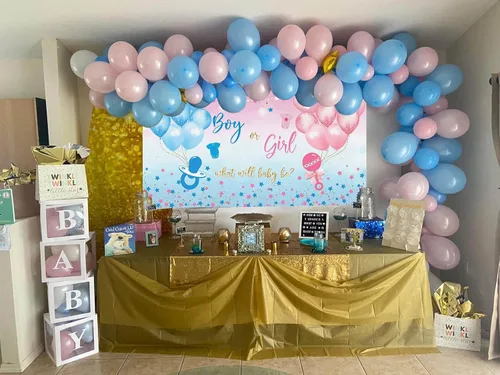 Miniatura 5 de Avezano Telón de Fondo de Revelación de Género Niño o Niña Cartel Pancarta Estrellas Azules y Rosas Puntos Tema de Globos Decoraciones de Fiesta