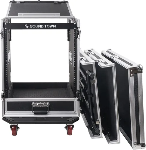 Miniatura 2 de Sound Town 14U PA DJ Caja de rack/ruta ATA para audio profesional con cajón de 2U, parte superior inclinada de mezclador de 11U, mesa de trabajo
