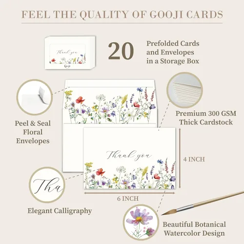 Miniatura 3 de Gooji Tarjetas de agradecimiento florales de verano 4 x 6 con sobres (paquete de 20 sobres a granel) a juego, flores silvestres, bodas, notas