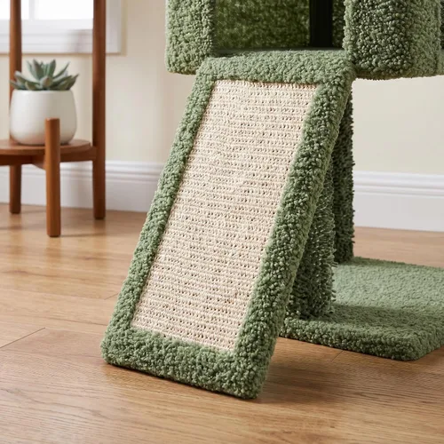 Miniatura 6 de Árbol de cactus para gatos de interior de 32 pulgadas, casa para gatos 2 en 1 con poste rascador de sisal y rampa, torre para gatos de 2 niveles