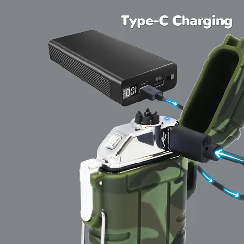 Miniatura 3 de Paquete de 2 encendedores impermeables para exteriores, encendedores eléctricos de doble arco a prueba de viento, encendedor de plasma sin llama