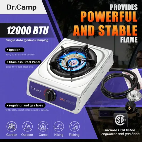 Miniatura 3 de Dr.Camp 12000 BTU Estufa de Propano de Encendido Automático Único para Acampar, Jardín, Exteriores, Campamento, Senderismo, Pesca, Cocina