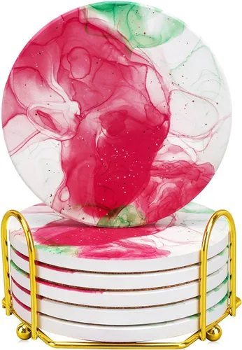 Posavasos para bebidas con soporte dorado, juego de posavasos absorbentes de mármol con base de corcho para protección de mesa