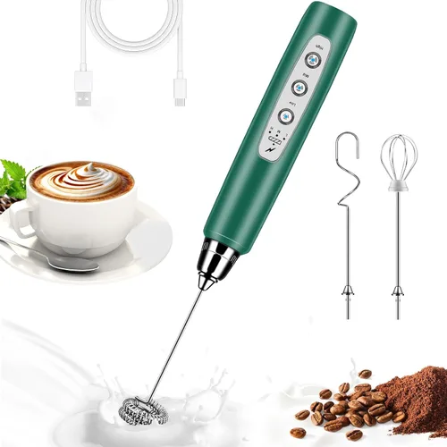 Miniatura 16 de BSRGMS Espumador de leche de mano para café, batidor eléctrico de 3 velocidades ajustables, mezclador de bebidas con 3 batidores de acero